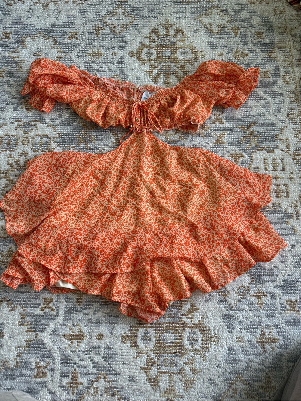 Sky to Moon Orange Floral Off Shoulder Ruffle Romper Small